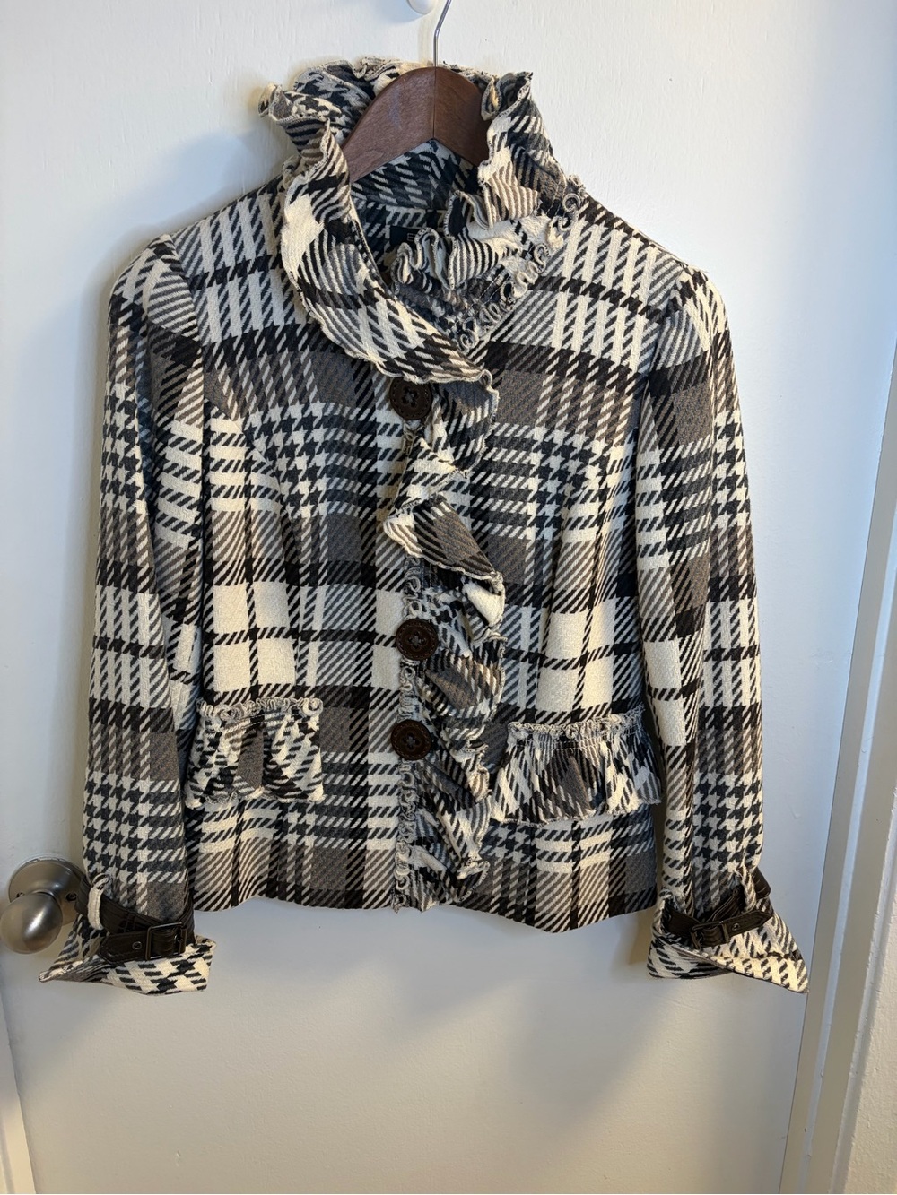 Etcetera Plaid Wool Blend Ruffle Jacket Women’s 0 Belted Cuff Statement Blazer